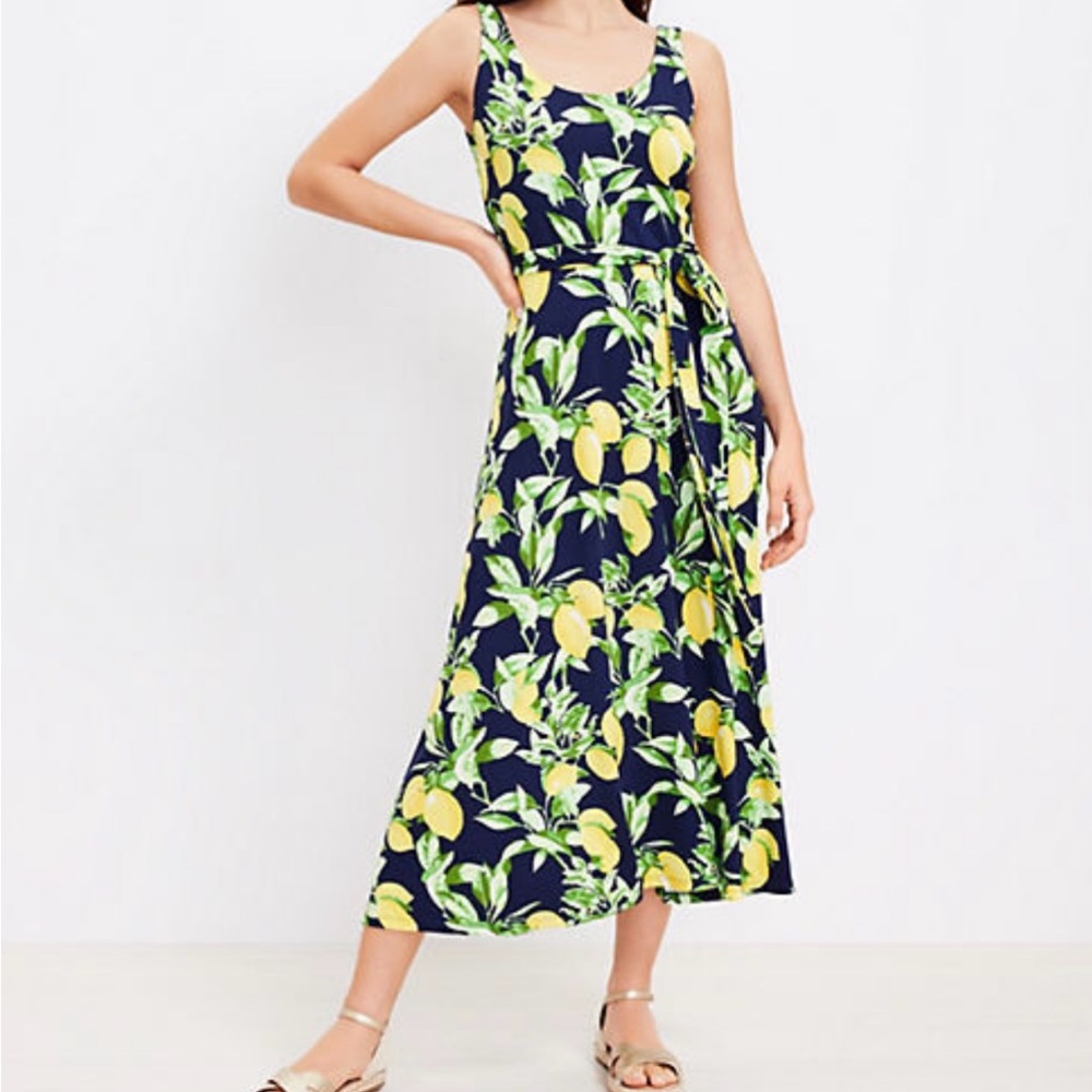 Loft Lemon Tie-Waist Midi Dress - XSP Navy, Stretch, Bridal Shower Resortwear